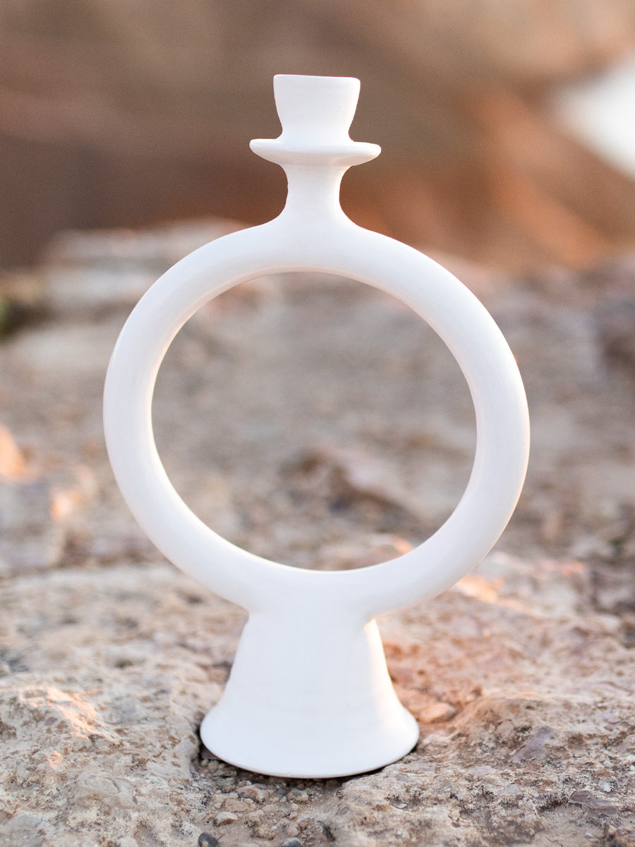 Moroccan Candle Holder White Round Blush & Ochre